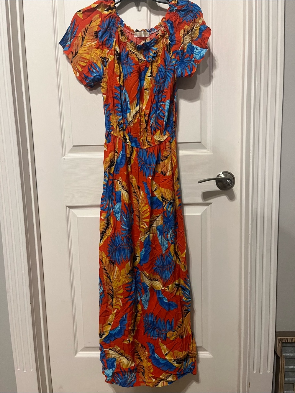 Tropical Orange Leaf Print Maxi Dress